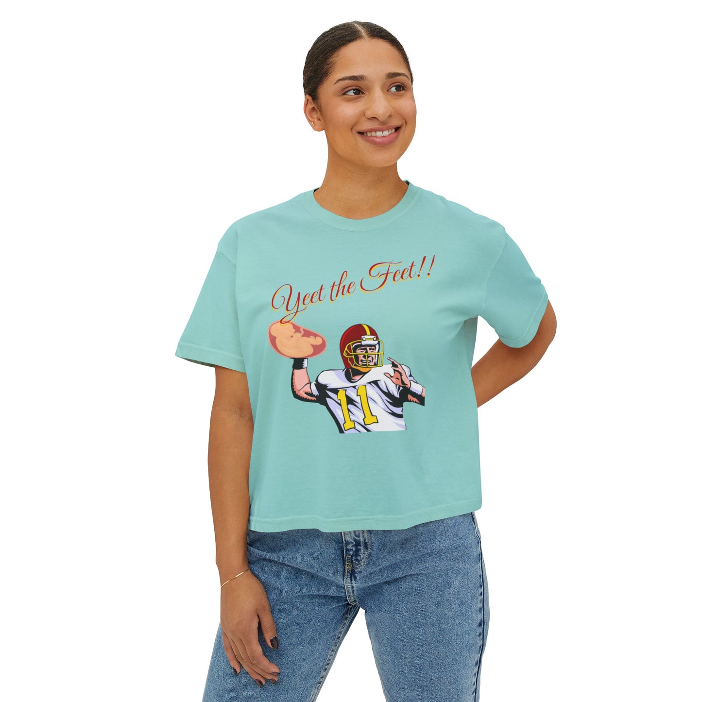 Playful Women's Boxy Tee - 'Yeet the Feet!!' Football Graphic T-Shirt