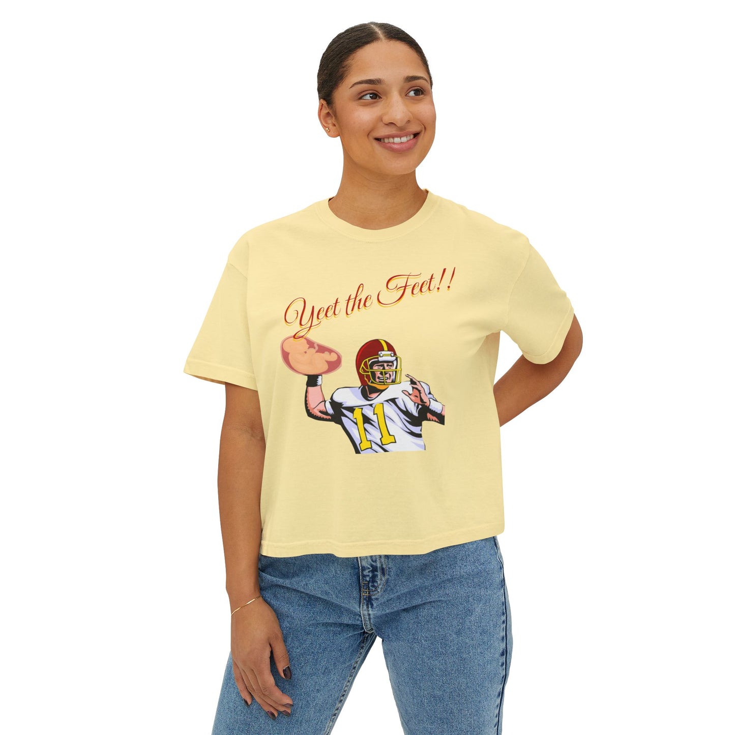Playful Women's Boxy Tee - 'Yeet the Feet!!' Football Graphic T-Shirt