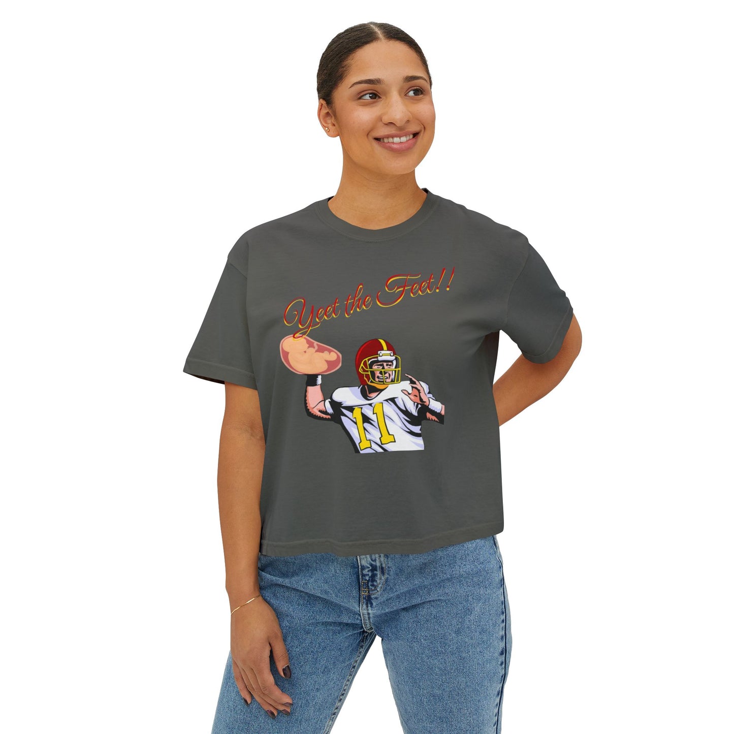 Playful Women's Boxy Tee - 'Yeet the Feet!!' Football Graphic T-Shirt