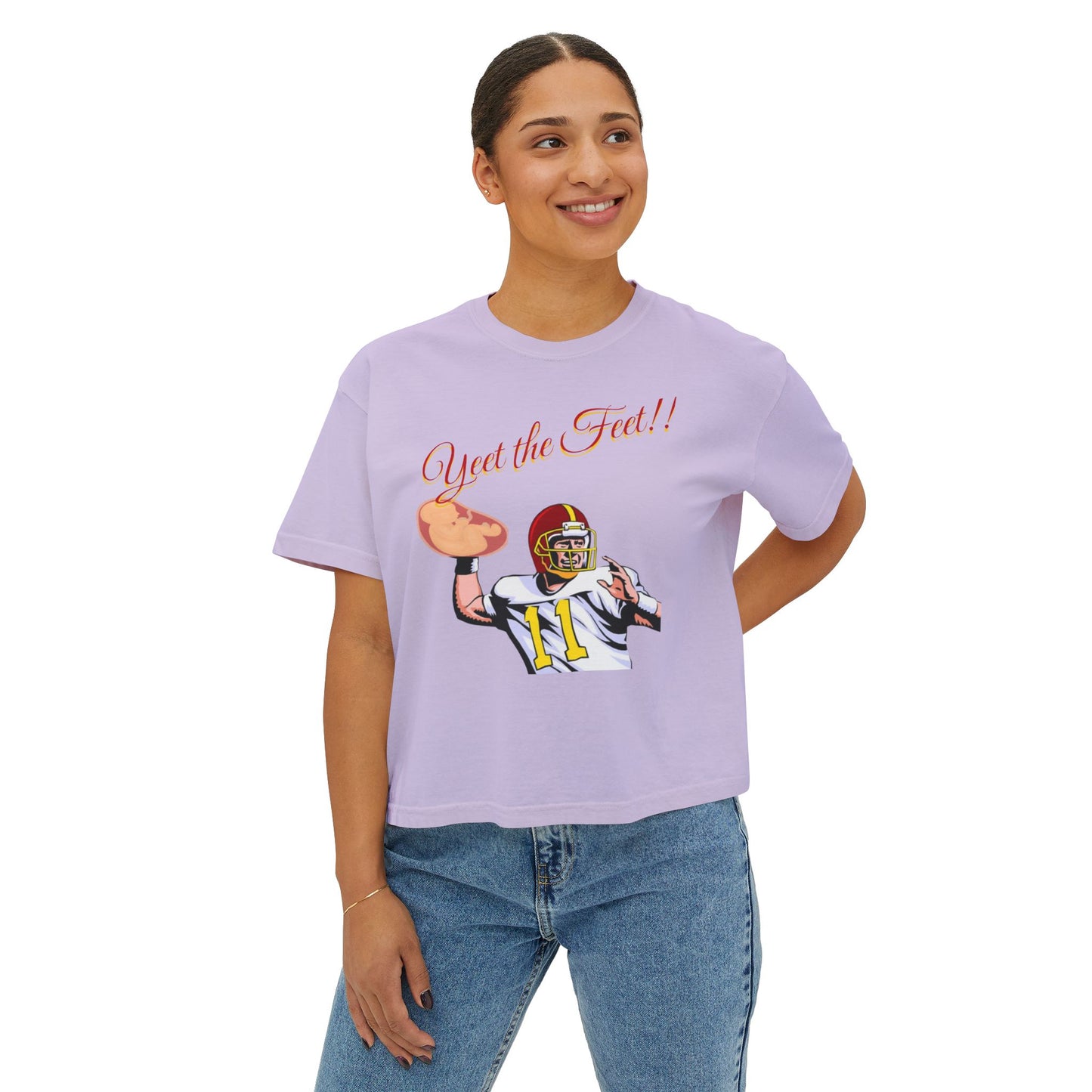Playful Women's Boxy Tee - 'Yeet the Feet!!' Football Graphic T-Shirt