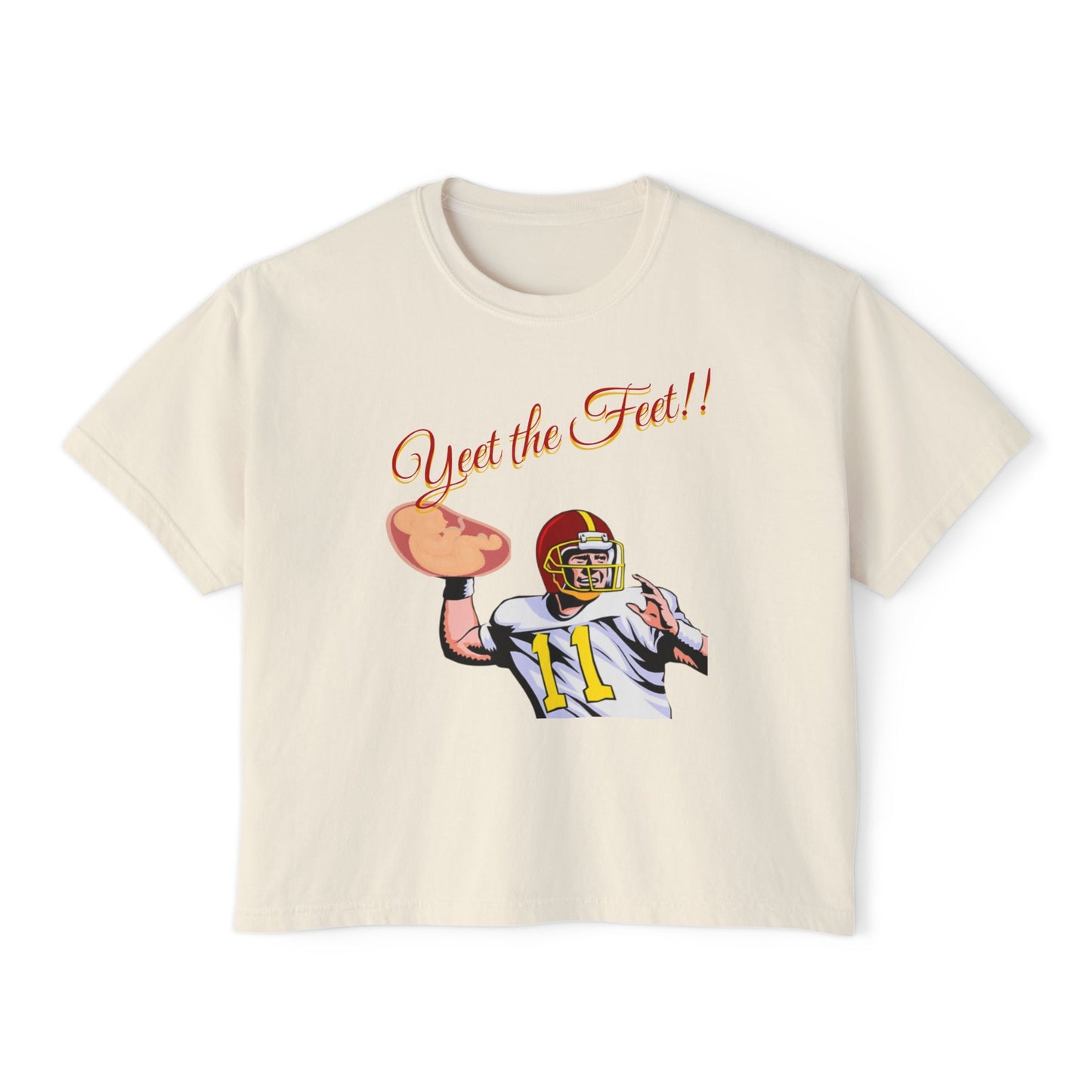 Playful Women's Boxy Tee - 'Yeet the Feet!!' Football Graphic T-Shirt