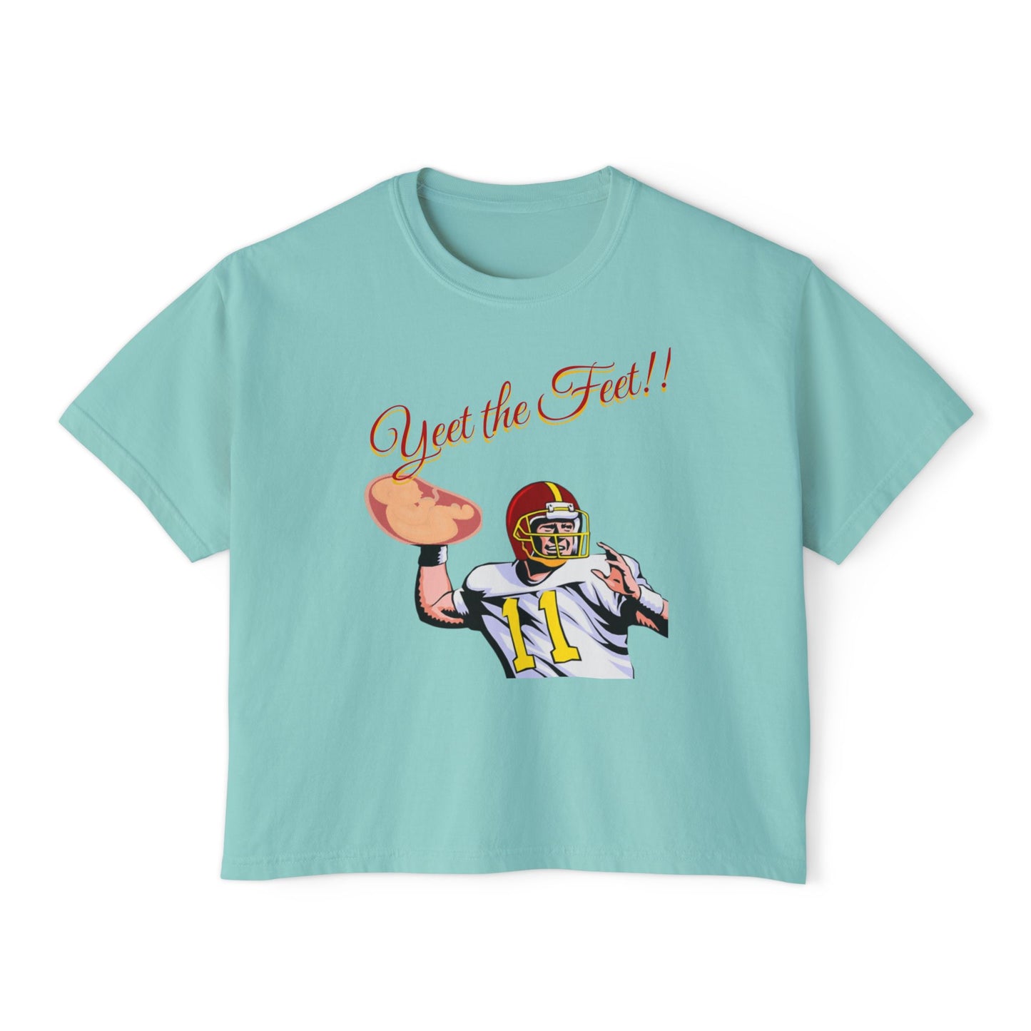 Playful Women's Boxy Tee - 'Yeet the Feet!!' Football Graphic T-Shirt