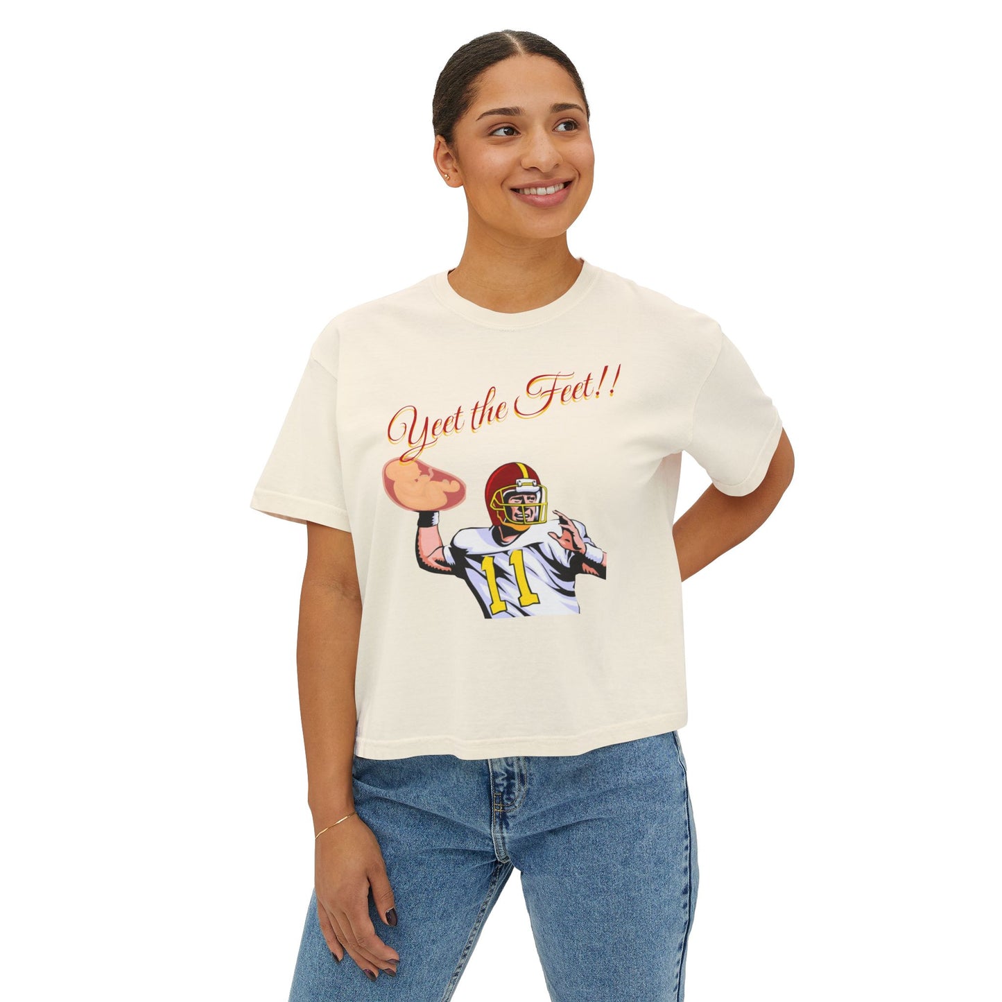 Playful Women's Boxy Tee - 'Yeet the Feet!!' Football Graphic T-Shirt