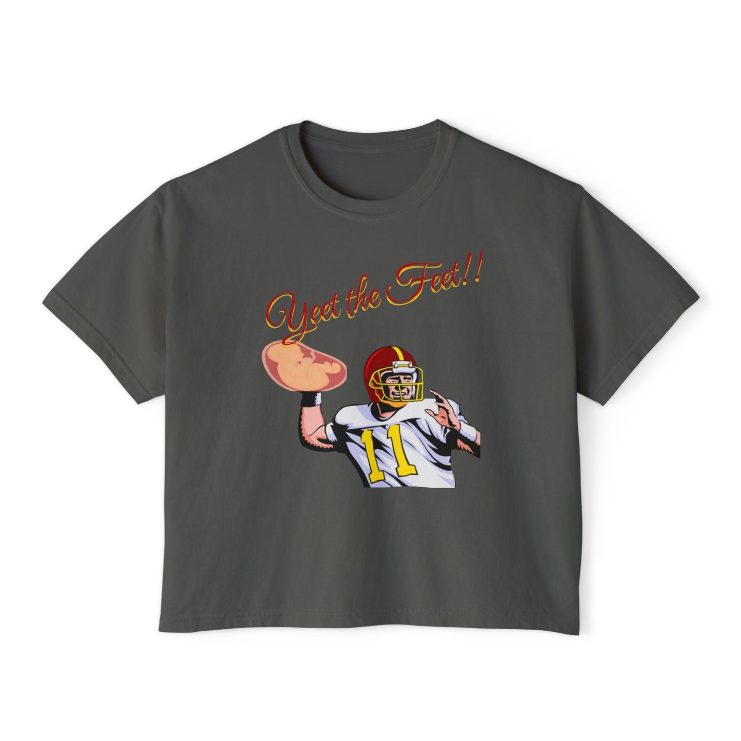 Playful Women's Boxy Tee - 'Yeet the Feet!!' Football Graphic T-Shirt