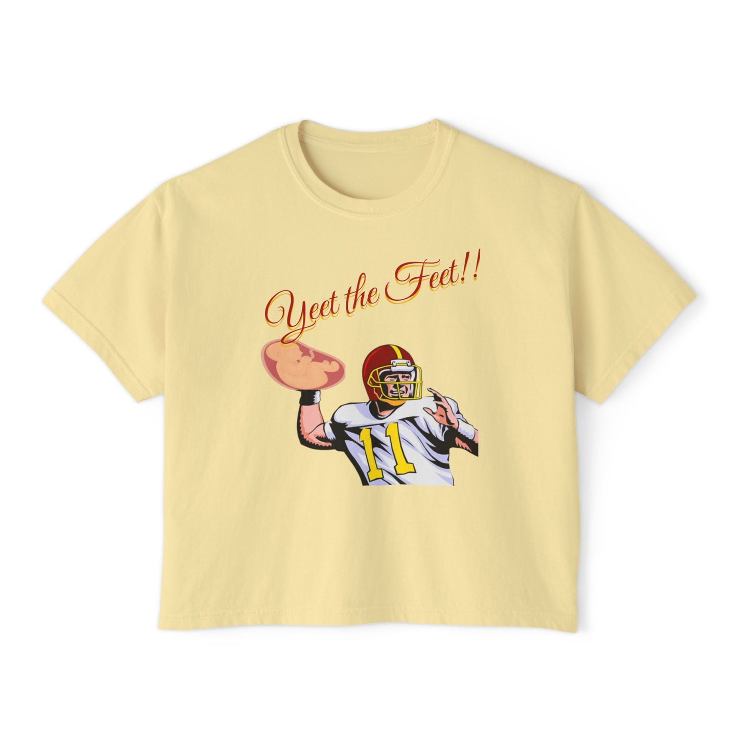 Playful Women's Boxy Tee - 'Yeet the Feet!!' Football Graphic T-Shirt