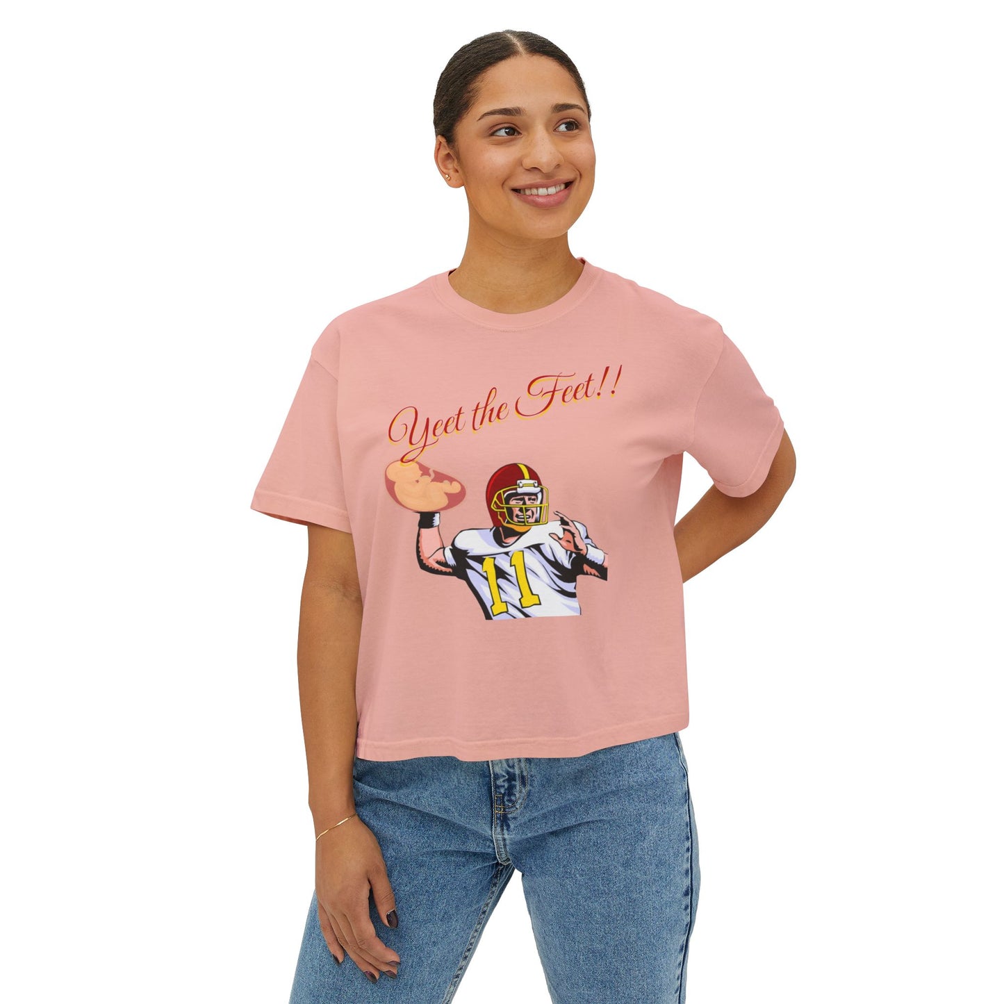 Playful Women's Boxy Tee - 'Yeet the Feet!!' Football Graphic T-Shirt