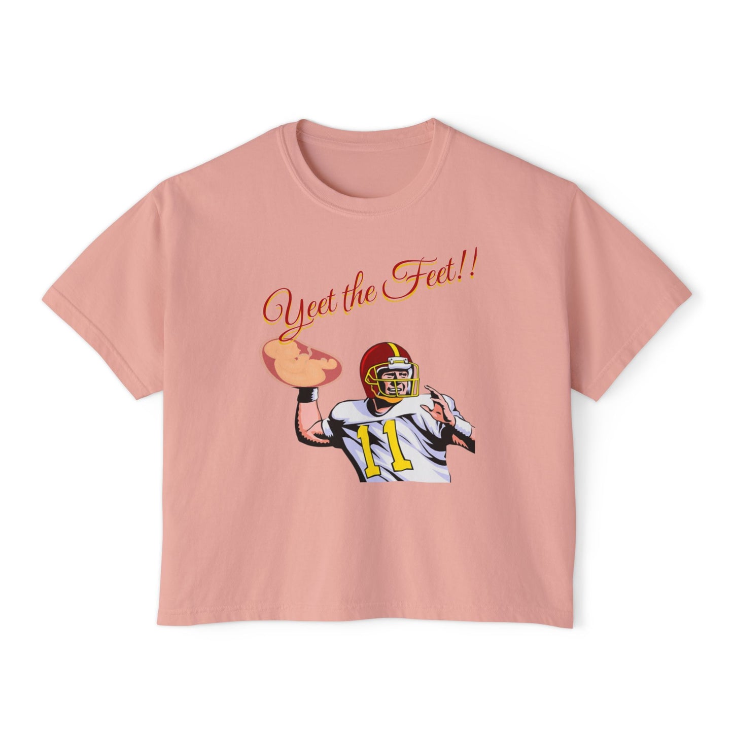 Playful Women's Boxy Tee - 'Yeet the Feet!!' Football Graphic T-Shirt